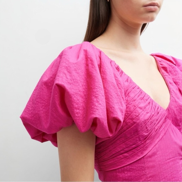 FRAME Puff-sleeve Textured Midi Dress V-neck A-line High Low Flounce Hem Small - Picture 11 of 16